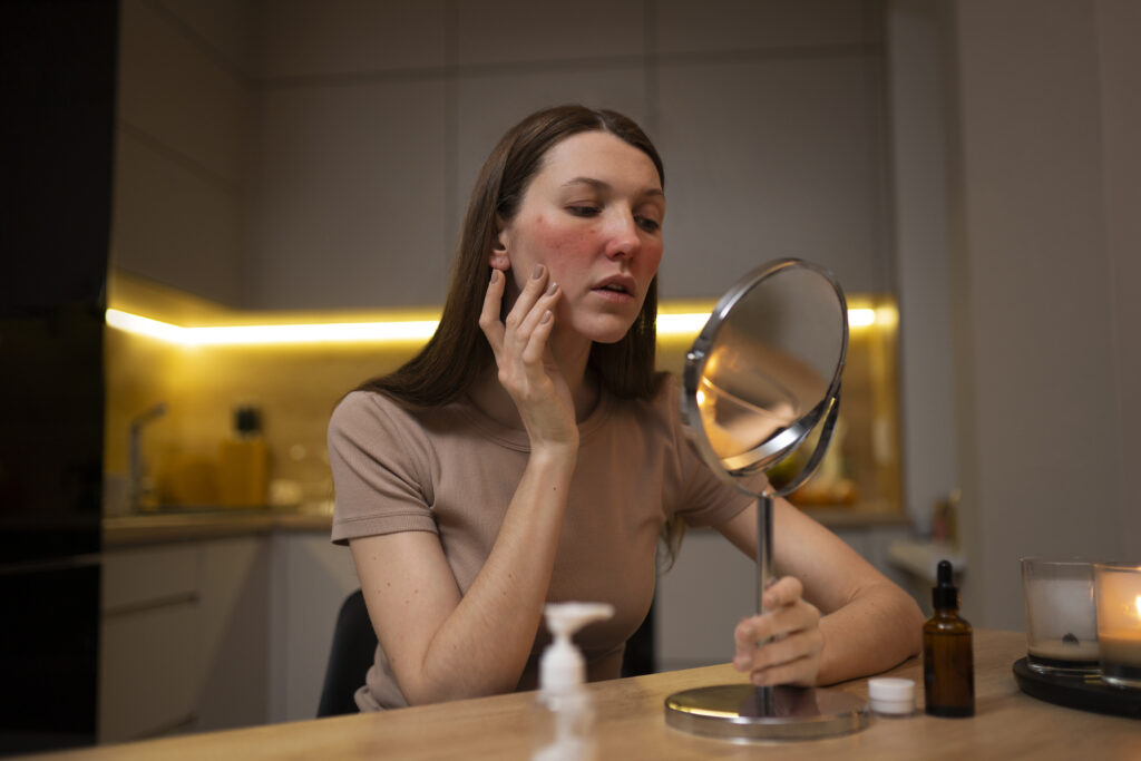 woman looking her rosacea mirror
